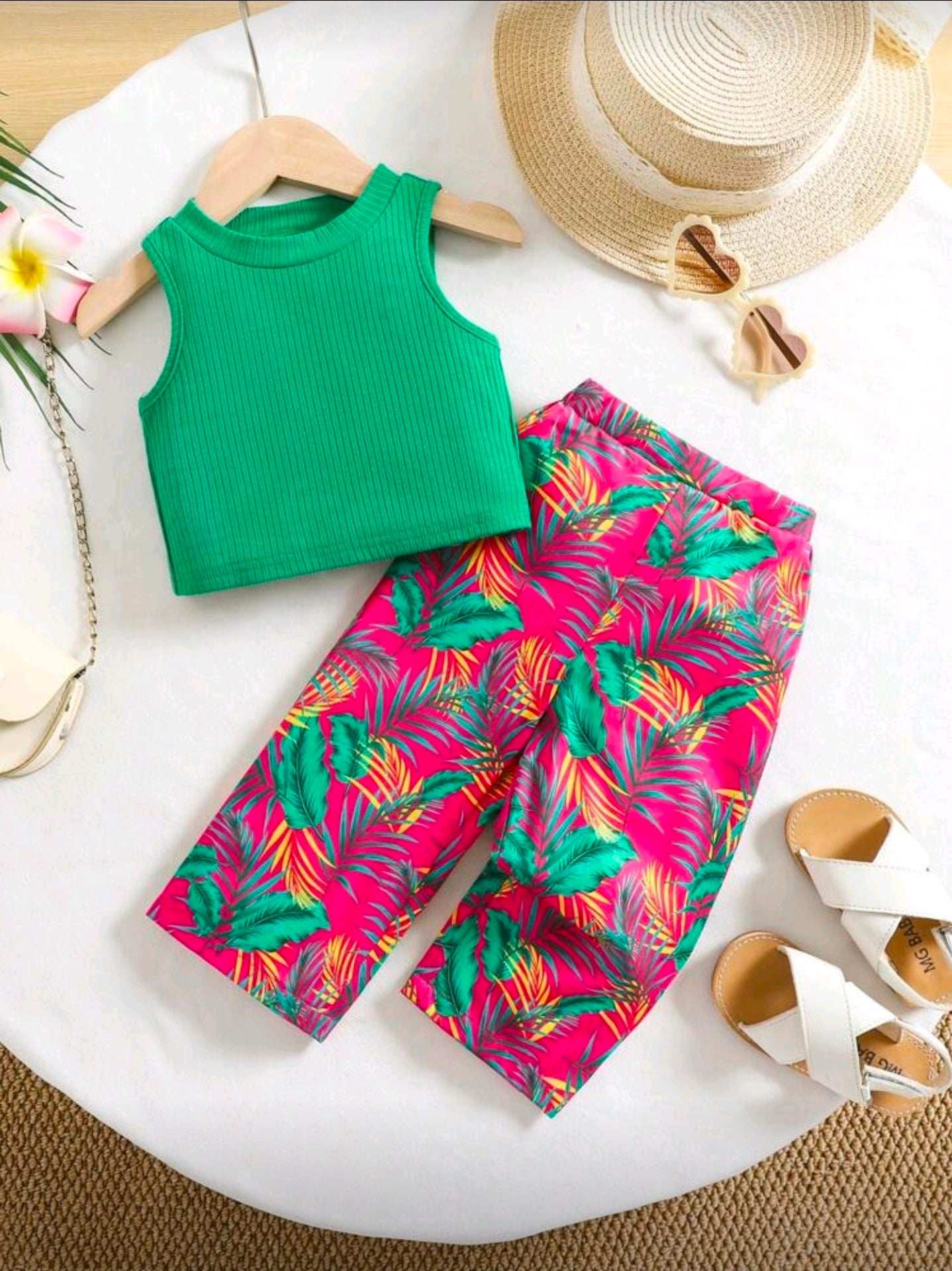 Travachic KIDS Baby Girls' Cute Floral Print Knit Camisole And Long Pants Set For Summer