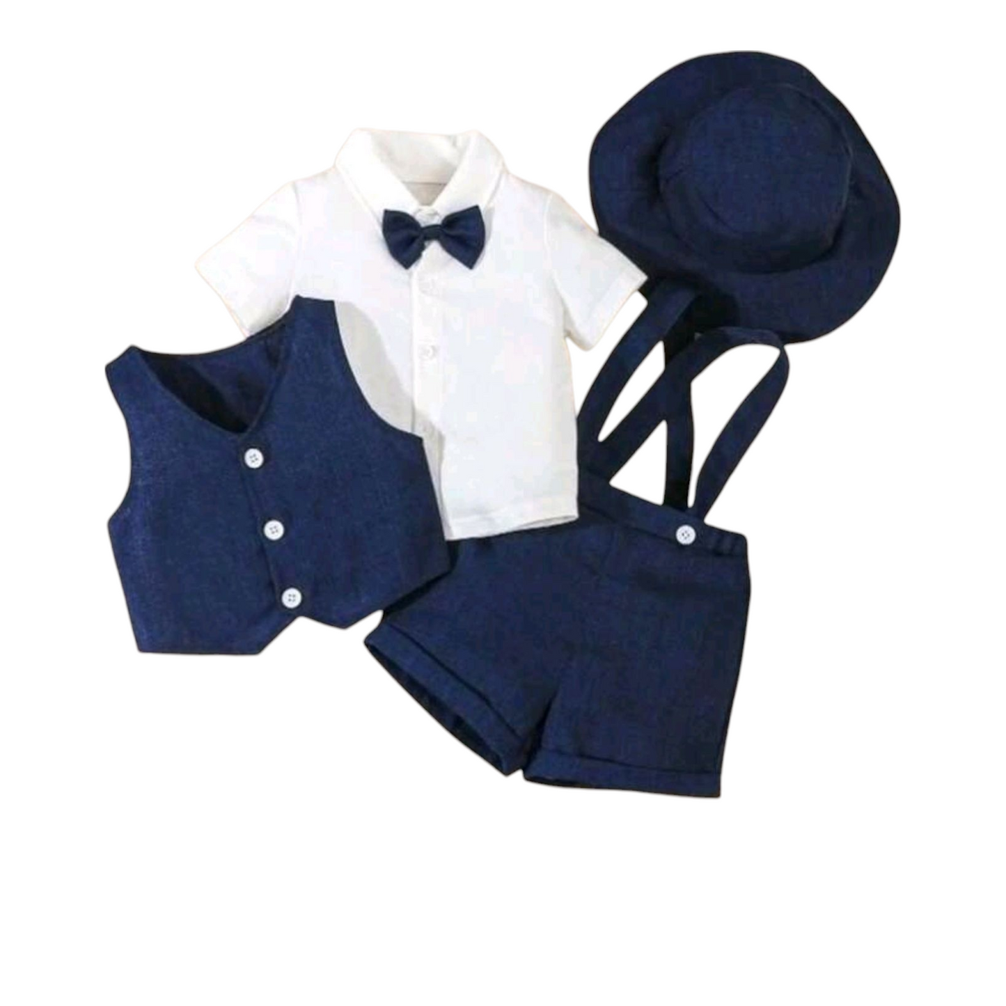 4pcs/Set Infant Boys Elegant College Style Outfit, Including Short Sleeve Shirt With Bowtie + Vest + Bib Shorts + Gentleman Hat, Suitable For Summer, 6 Months To 3 Years Old Toddlers - (size 12-18M)