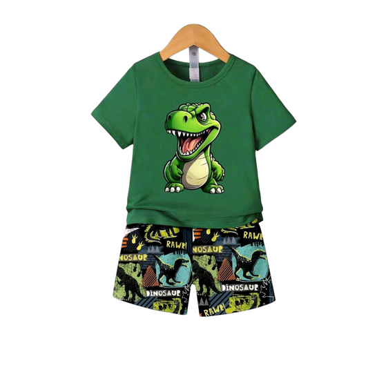 2pcs/Set Toddler Boys' Casual Dinosaur Silhouette, Footprint, Line Design, Letter Graphic Print Short Sleeve T-Shirt And Shorts Set