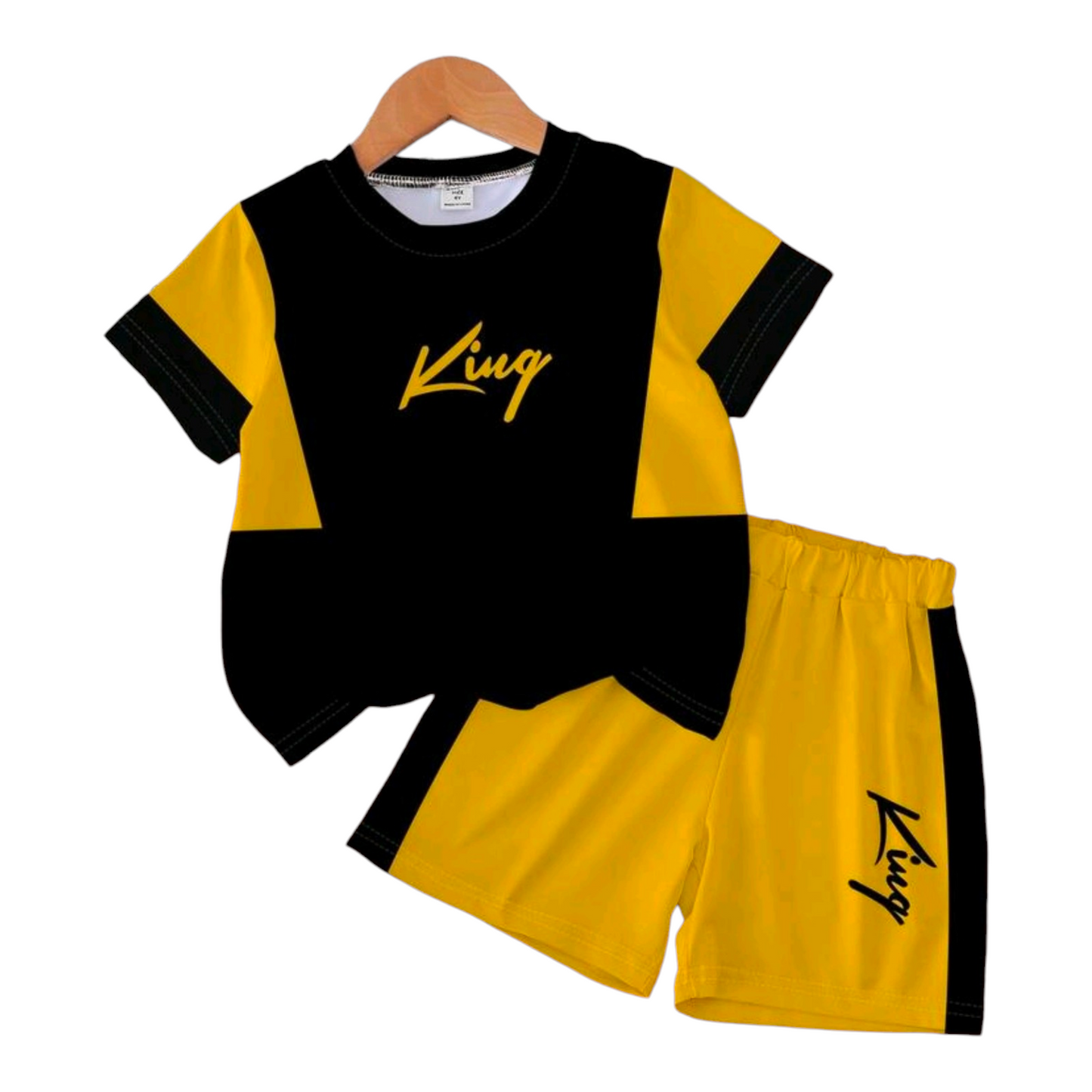 1 Set Infant/Toddler Boys' Casual Fashionable Minimalist Eye-Catching Black & Yellow Contrast King Letter Print Short Sleeve T-Shirt And Shorts Set, Suitable For Outdoor, Sports In Summer
