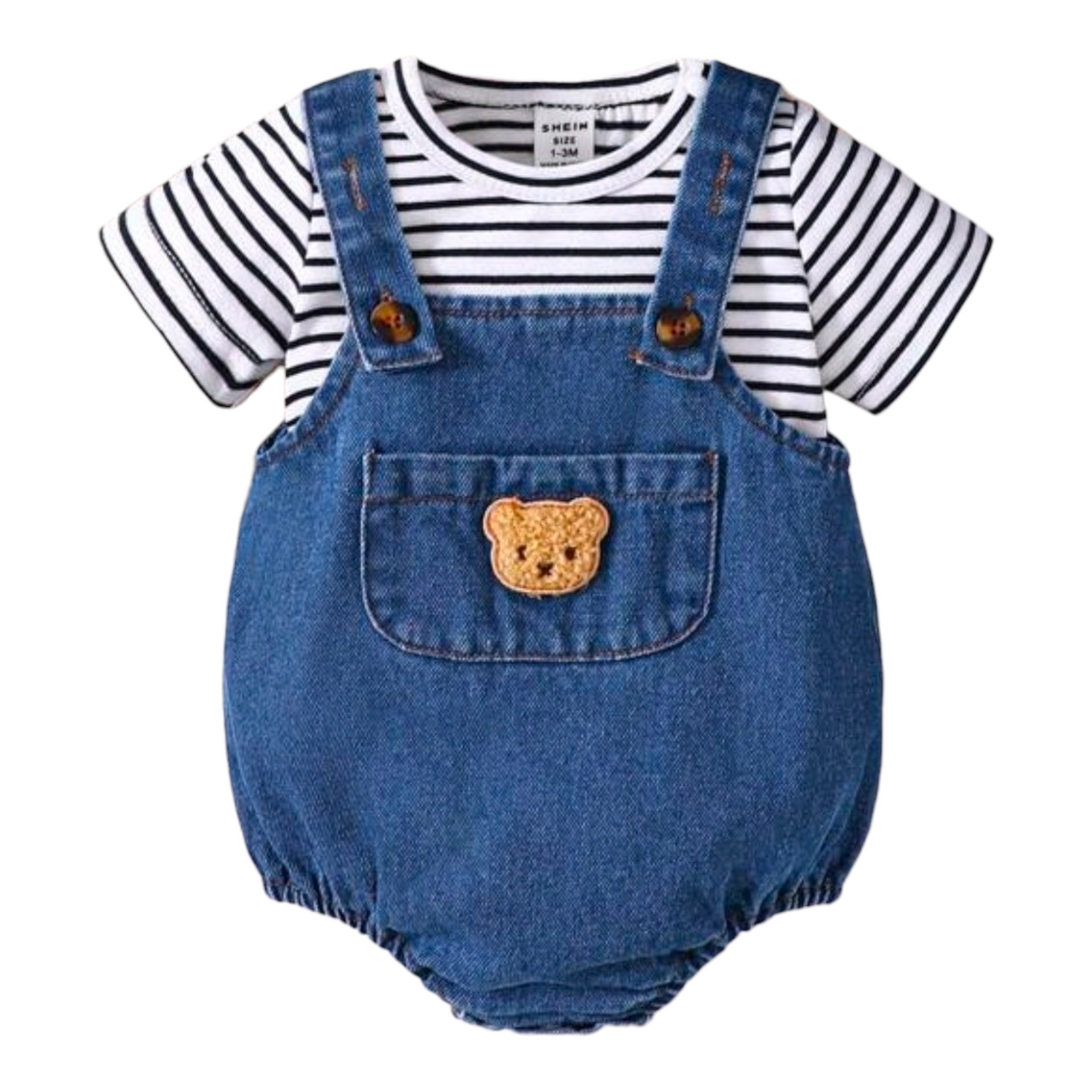 SHEIN Playful Pals Baby Boy's Casual Striped Short Sleeve T-Shirt And Plush Bear Suspender Shorts Set, Summer