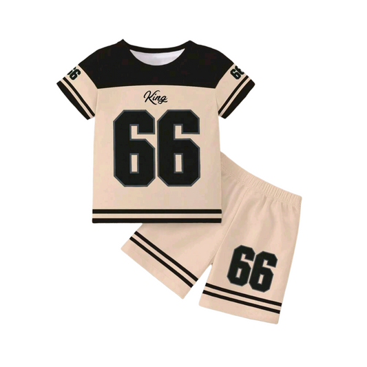 2pcs/Set Toddler Boys' Casual Numeric 66, Striped, Letter Graphic Print Short Sleeve T-Shirt And Shorts Set