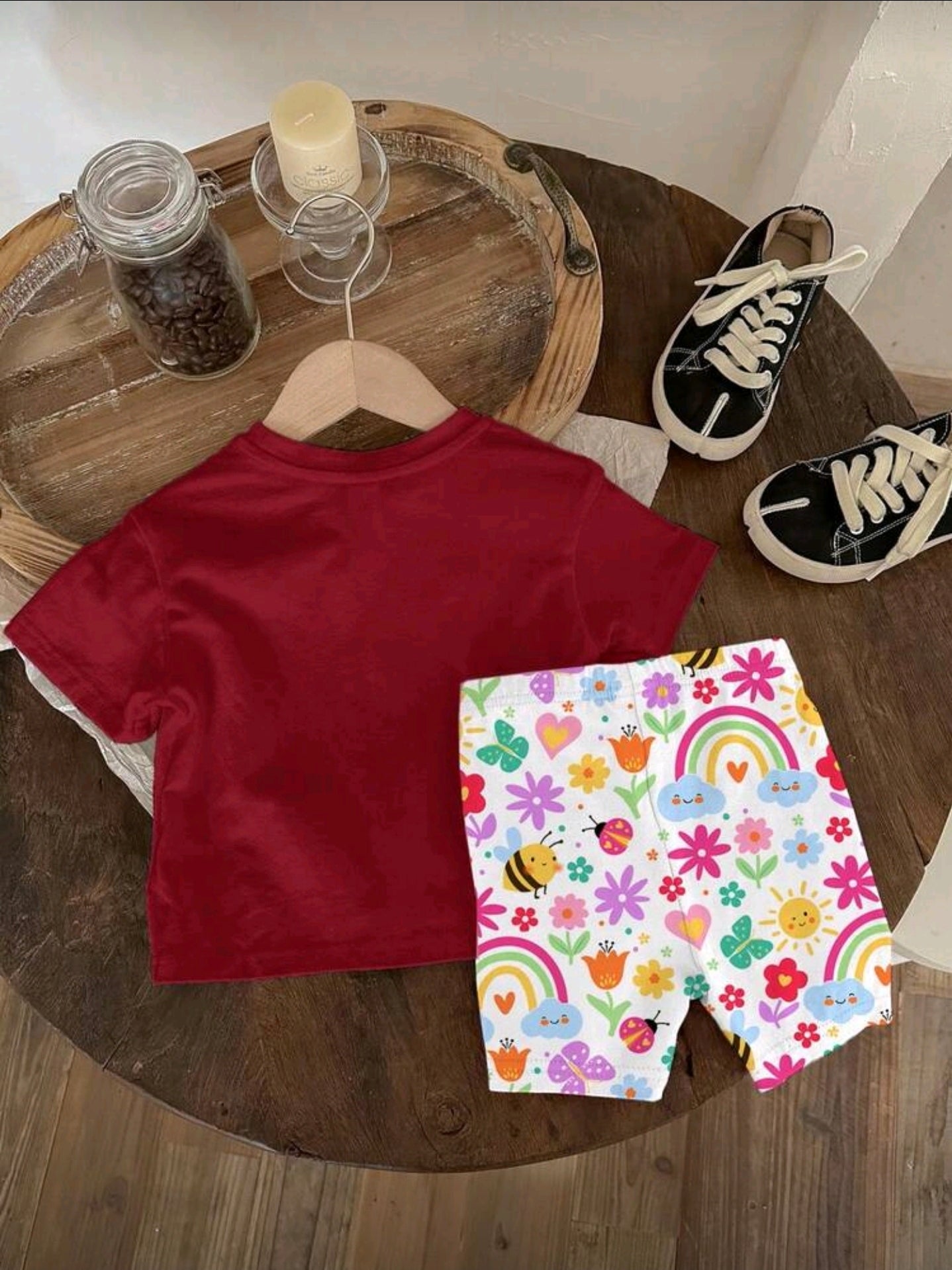 Baby Girl Casual Cute Floral, Smiling Face, Rainbow, Insect, Butterfly Print Round Neck Short Sleeve T-Shirt And Leggings Set