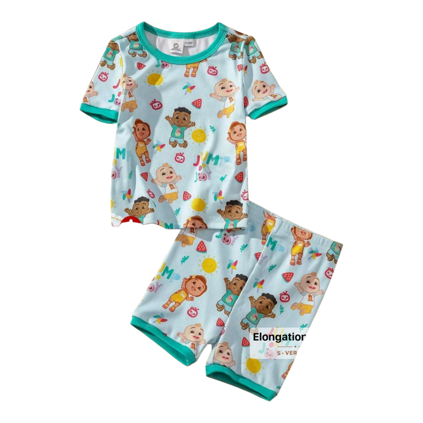 CoComelon X SHEIN Baby Boy Watermelon & Sun Graphic Print Light Green Casual Cute Short Sleeve Top & Shorts Pajama Set