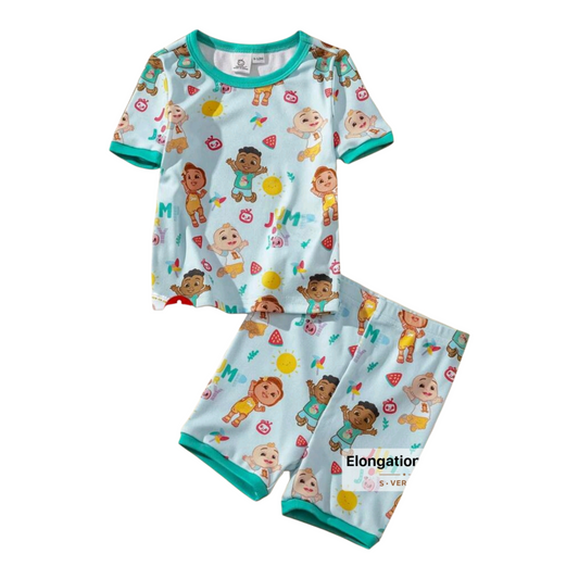 CoComelon X SHEIN Baby Boy Watermelon & Sun Graphic Print Light Green Casual Cute Short Sleeve Top & Shorts Pajama Set