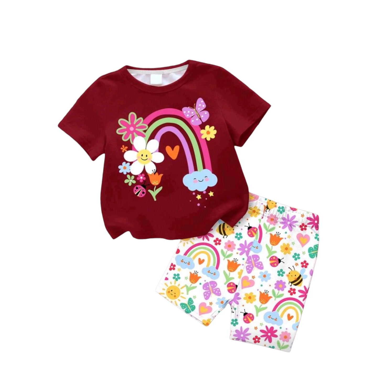 Baby Girl Casual Cute Floral, Smiling Face, Rainbow, Insect, Butterfly Print Round Neck Short Sleeve T-Shirt And Leggings Set