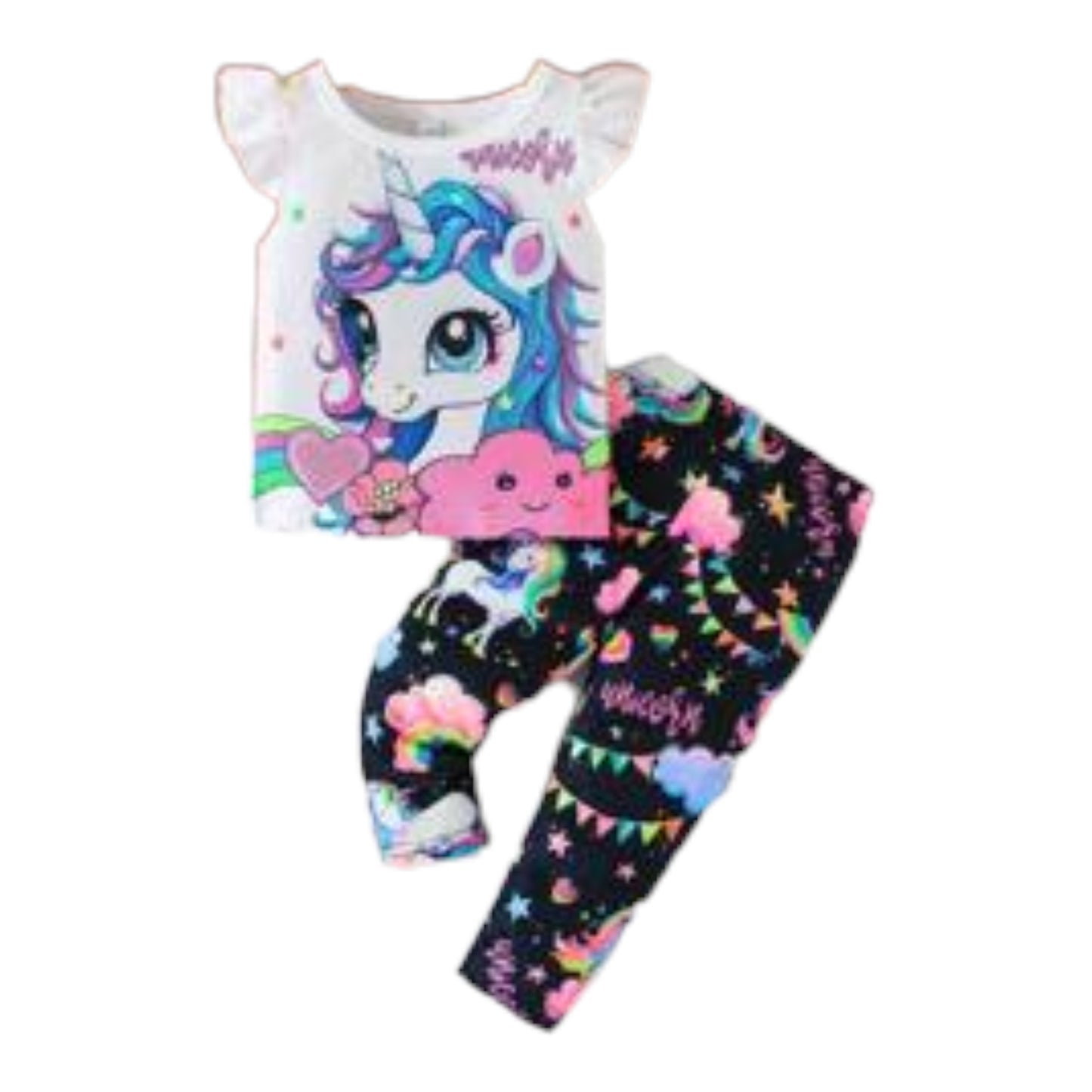 2pcs Baby Girls' Lovely Unicorn Printed Cap Sleeve T-Shirt And Long Pants Summer Outfits