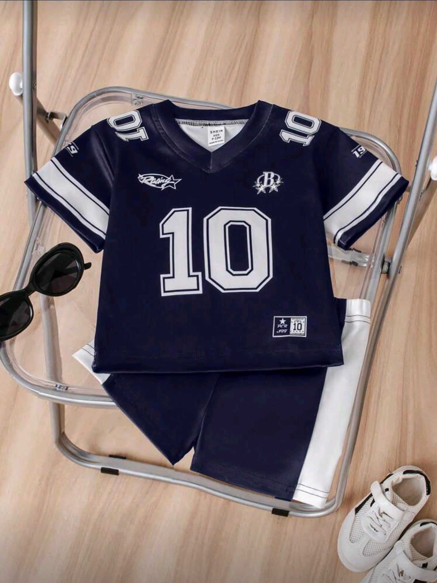 SHEIN 2pcs Baby Boy Infant Toddler Newborn 0-3 Years Old Spring Summer Casual Sports Football Basketball Soccer Jersey Style V-Neck Mesh Fabric Top Shorts 2 Piece Outfit, Sporty Style