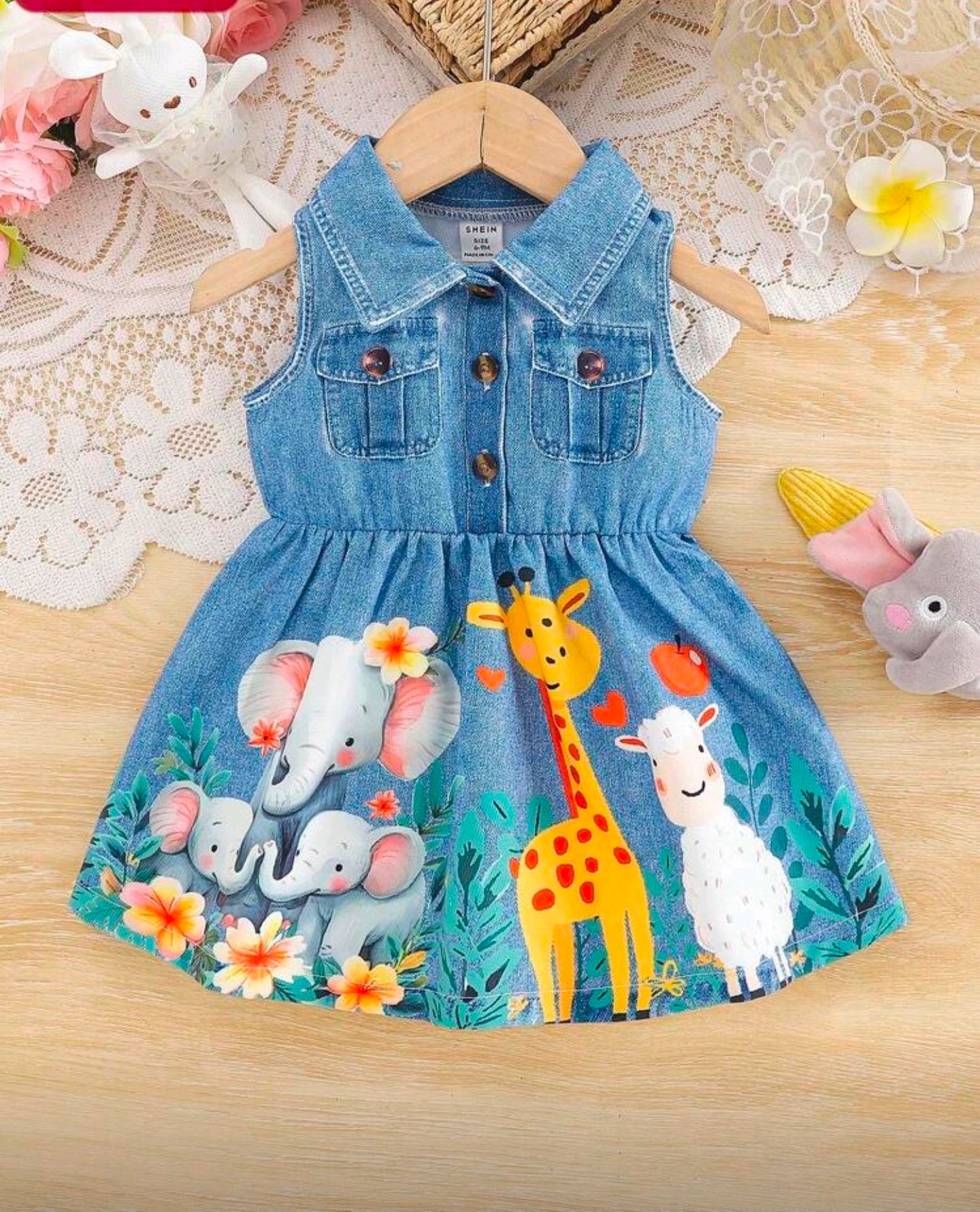 SHEIN 1pc Baby Girls Turndown Collar Open Button Sleeveless Denim Print Cartoon Animal Graphic Cute Fashion Casual Vintage Blouson Dress, Light Blue Summer New Style Fall Winter