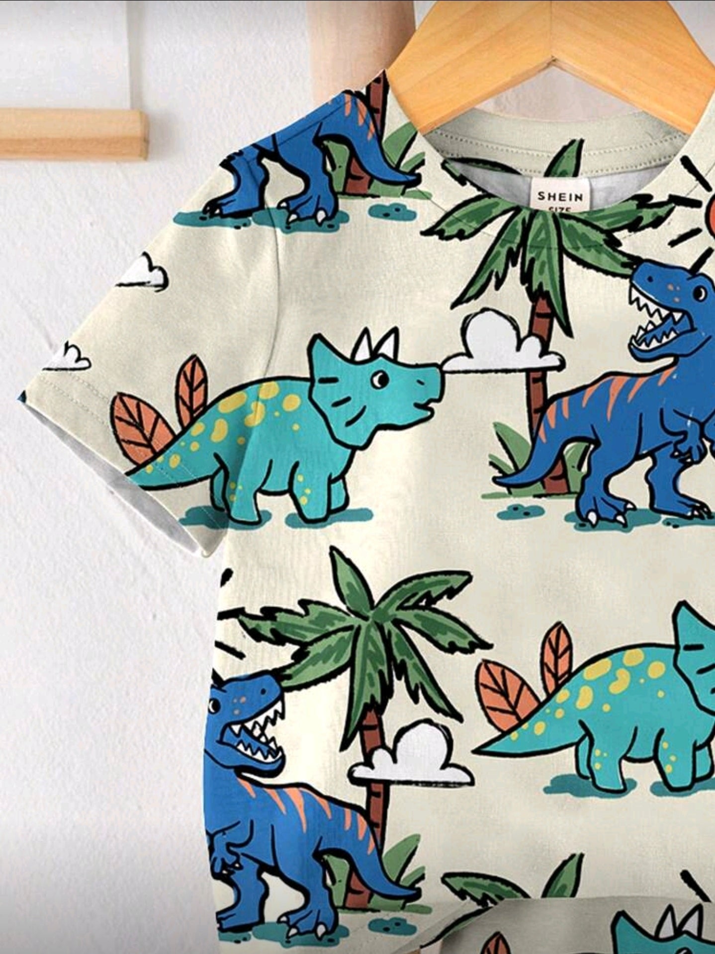 SHEIN 2pcs/Set Baby Boy Casual Cartoon Dinosaur Pattern Round Neck Short Sleeve T-Shirt And Shorts Set