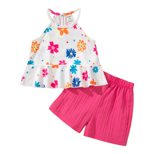 Souflis Souflis 2pcs Baby Girl Toddler/Newborn 0-3Y Dopamine Inspired Colorful Vacation Sleeveless Top + Shorts Set, Spring/Summer Outfit