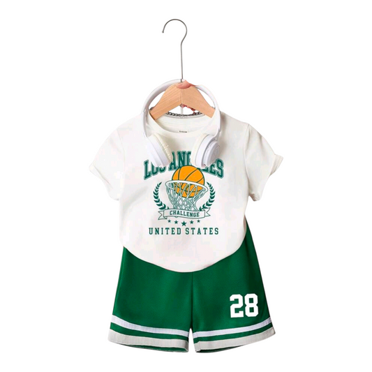 SHEIN 2pcs Set Baby Boys/Girls Casual Sporty Basketball Print Soft Comfy Short Sleeve Tee And Contrast Color Shorts, Versatile Outfit For Daily Wear, Outdoor, Sports, Spring/Summer