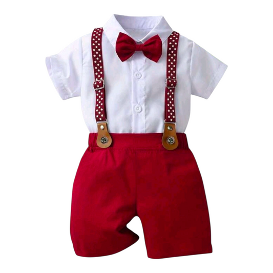 2pcs Baby Boys Gentleman Outfit - Red Suspender Pants And White Shirt With Bow Tie, Suitable For Holidays, Weddings, Parties, New Year Celebrations, And Everyday Wear