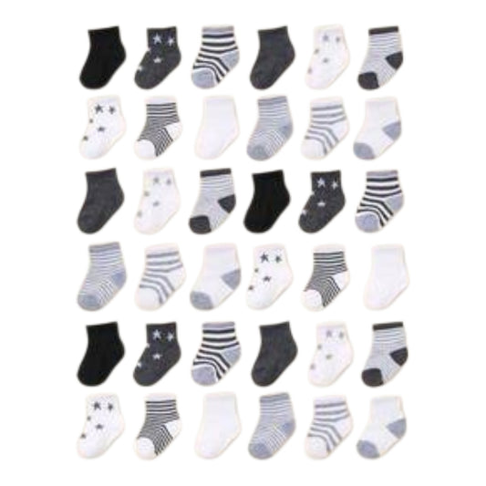 12 Pairs Grey Series Baby Socks, Striped, Pentagram, Cartoon, Dinosaur Patterns. Simple Casual Style, Matching All Outfits, Suitable For All Seasons. Baby Socks, Newborn Essentials, Infant Socks, Toddler Socks.