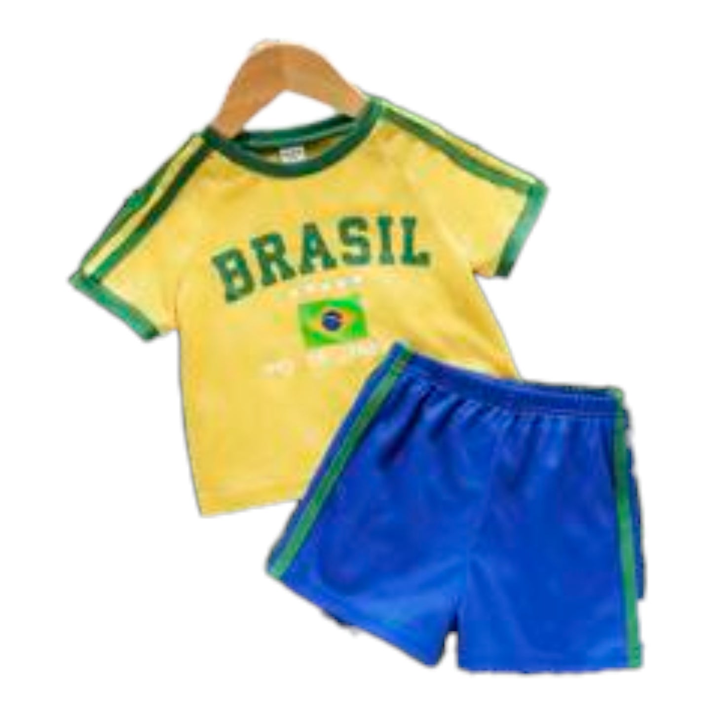 Bubblio 2pcs/Set Baby Boy/Girl Brazil Team Inspired Sports Jersey Outfit - Breathable, Sweat-Wicking Short Sleeve T-Shirt And Shorts Set, Suitable For Indoor, Outdoor, Daily Wear, Sports, Play, Party, Photo Shoot, Vacation, Match - Spring/Summer