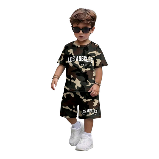 SHEIN 2pcs Baby Boy Casual Classic City Camo Print Crew Neck Short Sleeve T-Shirt And Shorts Set, Suitable For Summer