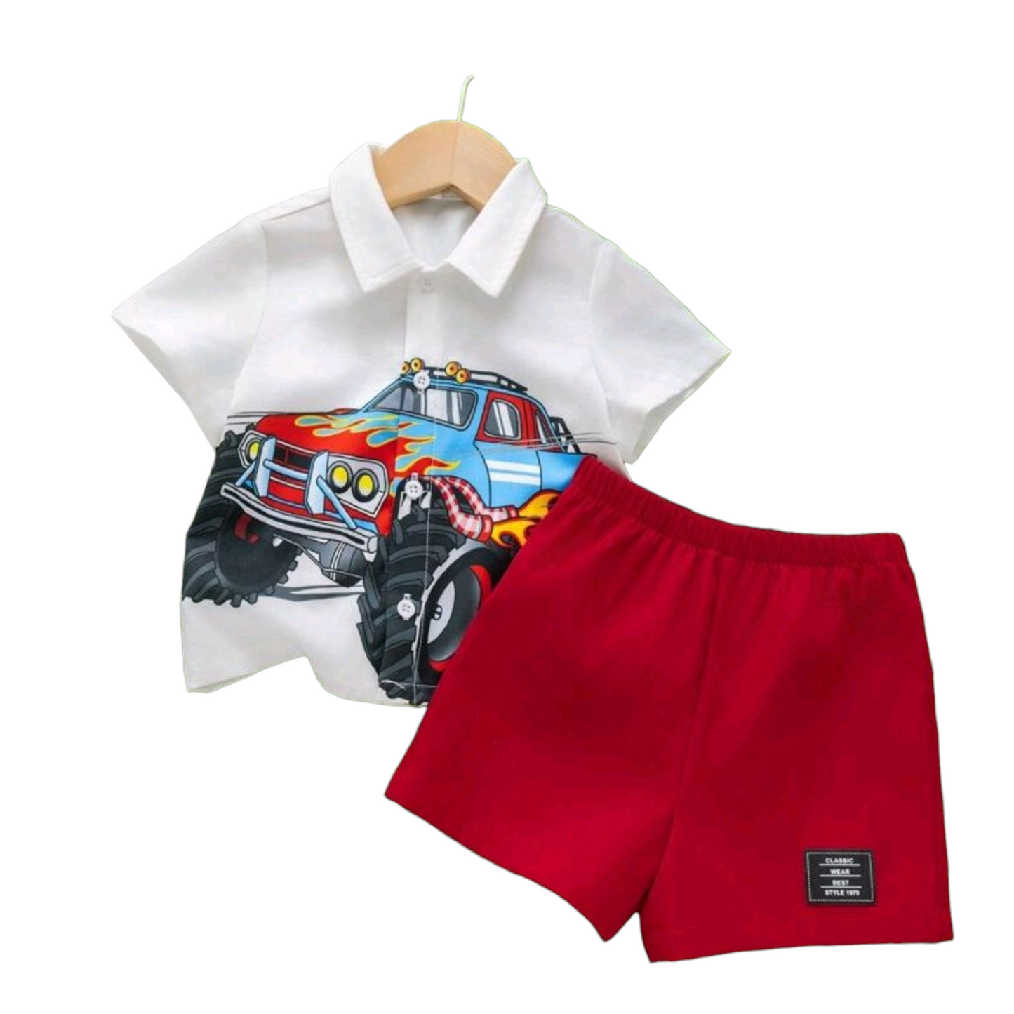 SHEIN Baby Boy Cute Cartoon Print Short Sleeve Shirt And Elastic Waist Shorts 2 Pieces Set, Summer -(size 9-12M)