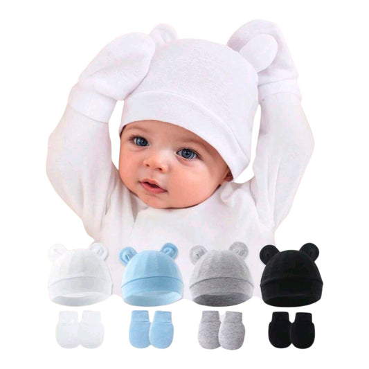 4 Sets Baby Bear Ear Hat & Mittens, Soft Skin-Friendly Newborn Gift For Baby Boys Girls 0-6M, Ideal For Hospital & Shower
