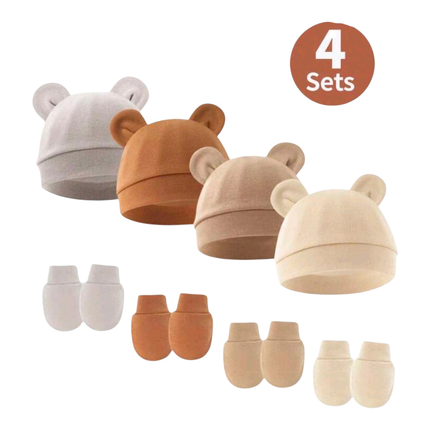 4pcs/Set Solid Color Newborn Baby Beanie Hat + Anti-Scratch Mittens Set, Gift For 0-6 Months, Suitable For Infant Daily Casual Wear In Spring, Summer, Autumn And Winter, Versatile