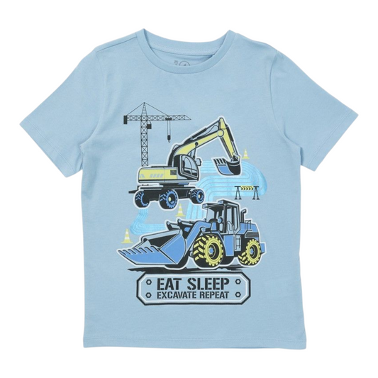 K-D Kids Short Sleeve Eat Sleep Excavate Repeat Print Tee - Light Blue -(size 1-2Y)