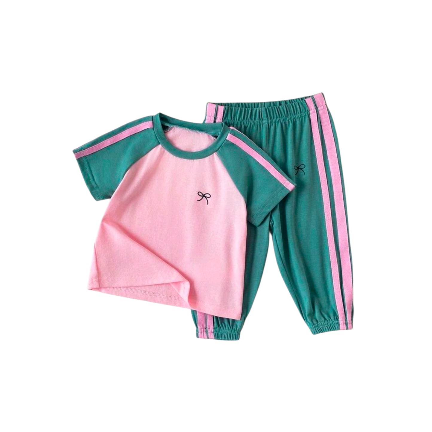 SHEIN Baby Girl 2pcs/Set Spring Summer Outfits Green And Pink Casual Vacation Sport Style Embroidery Decoration Short Puffed Sleeves Top&Stripe Long Pants
