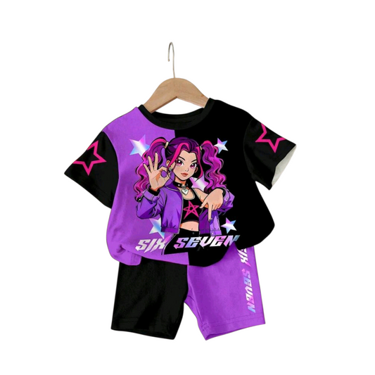 SHEIN 2pcs Baby Girl Casual Fashionable Colorful K-POP Girl Group Letter & Star Print Personalized Funny Number 67 Pattern Round Neck Short Sleeve T-Shirt And Shorts Set.