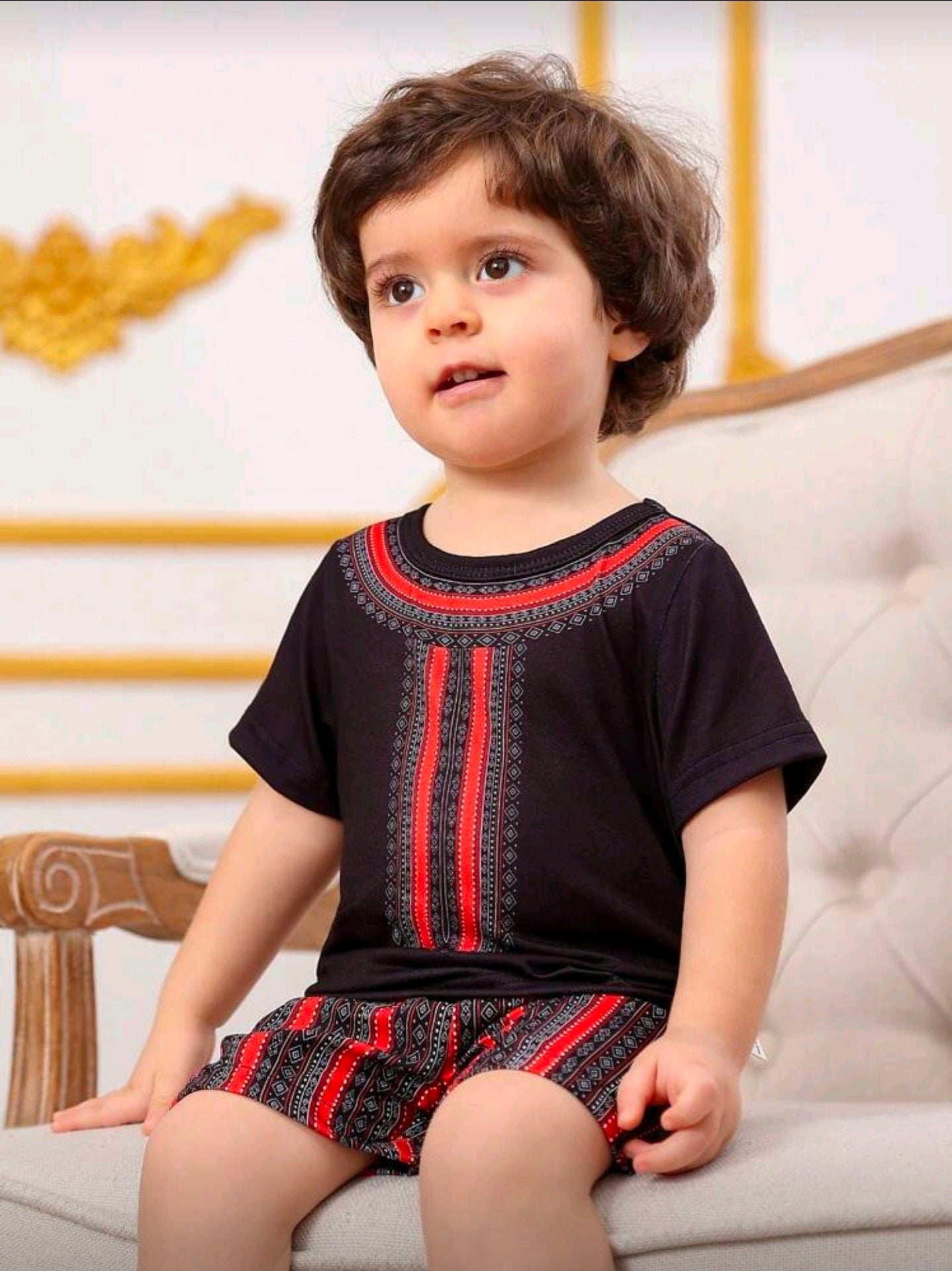 Baby Boy Black Graphic Print Collar Short Sleeve T-Shirt And Shorts Set, Suitable For Multiple Occasions