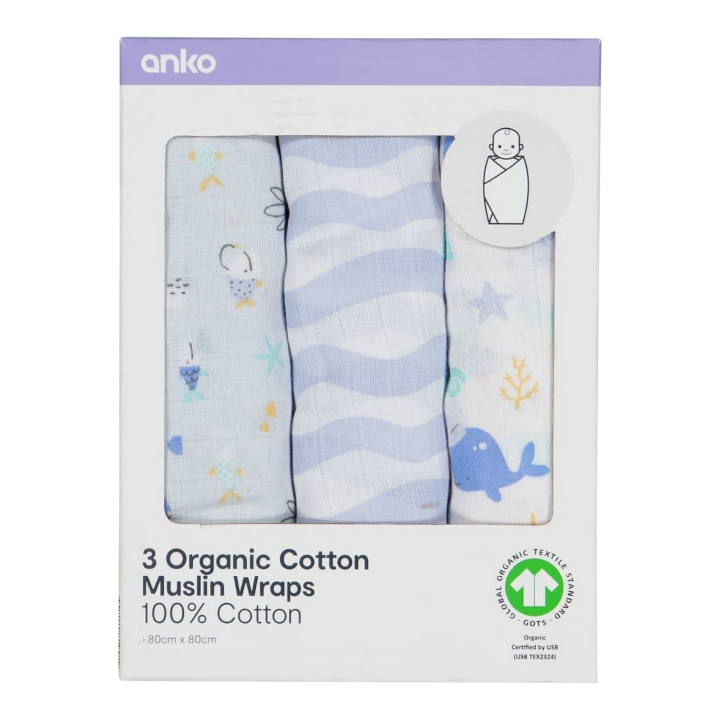 3 Pack Organic Cotton Muslin Wraps - Ocean