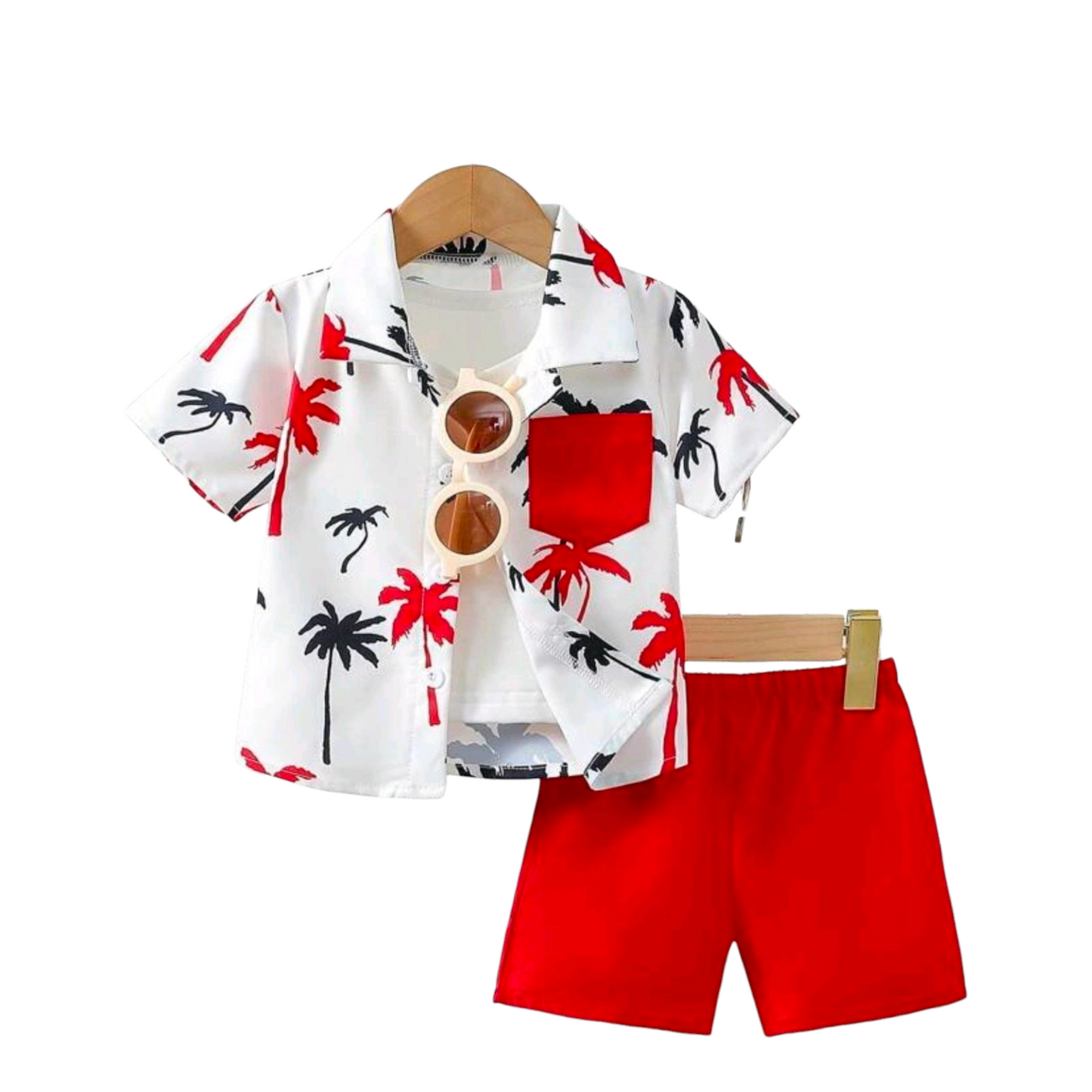 Baby Boys' Casual Palm Tree Print Short Sleeve Shirt And Shorts Set, Suitable For Holiday Summer