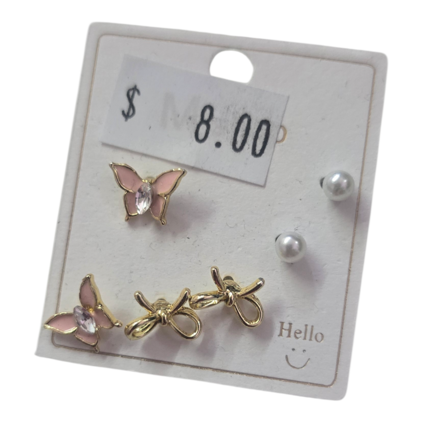 butterfly, bow, and pearl stud earrings