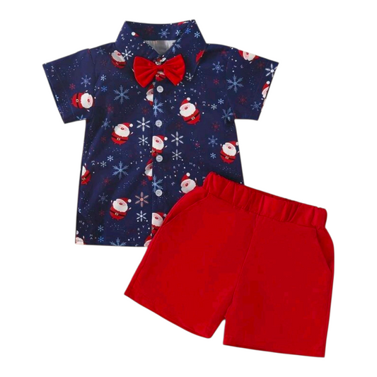 Christmas Gift Baby Boy Bow Decor Snowflake Print Short Sleeve Shirt And Shorts Set