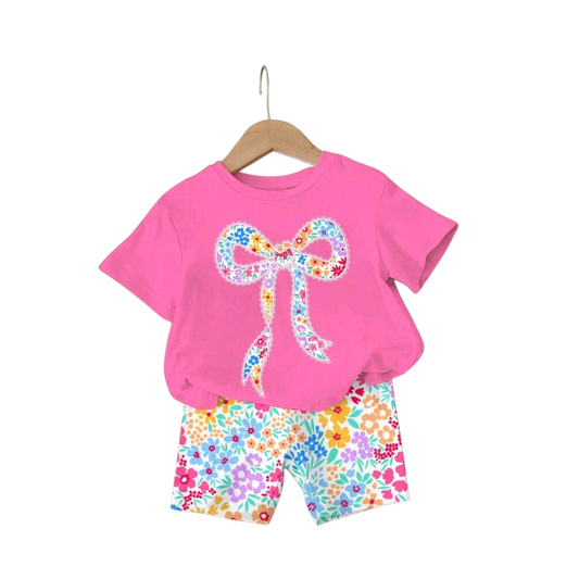 SHEIN Baby Girl Casual Cute Sweet Bow Decor, Ditsy Floral, Crew Neck Short Sleeve T-Shirt And Leggings Set
