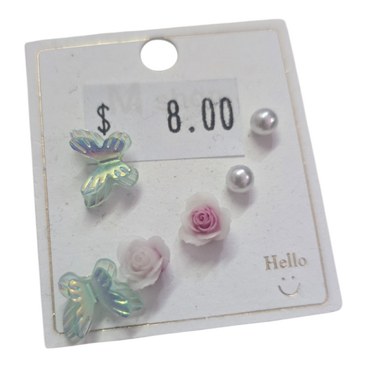 multicolor stud earring set featuring butterfly, rose, and pearl