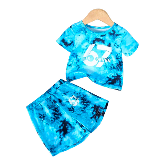 2pcs Baby Boys Summer Casual Short Sleeve Outfit Set, Fashionable Cartoon Number 67 & Letter Print Round Neck Tie-Dye T-Shirt And Matching Number 67 & Letter Print Shorts, Summer Leisure Clothes
