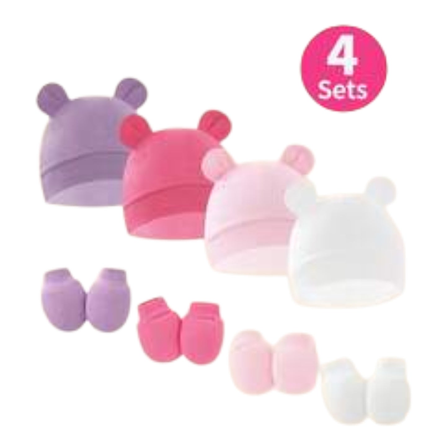 8Pcs Baby Girls Cute Bear Ear Newborn Hat & Mittens Soft Stretchy Baby Gift For Pregnant Girl, Ideal For Hospital & Daily Use 0-6M