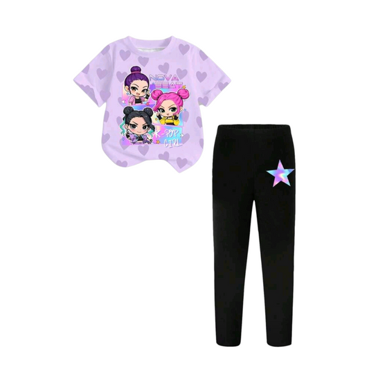 2pcs/Set Baby Girls Casual Fashion Versatile Spring/Summer Outfit, Featuring Cartoon Character All-Over Print Purple Heart Design, Loose Round Neck Purple Heart Short Sleeve T-Shirt And Black Leggings, Fashionable Casual Wear For Toddler Girls
