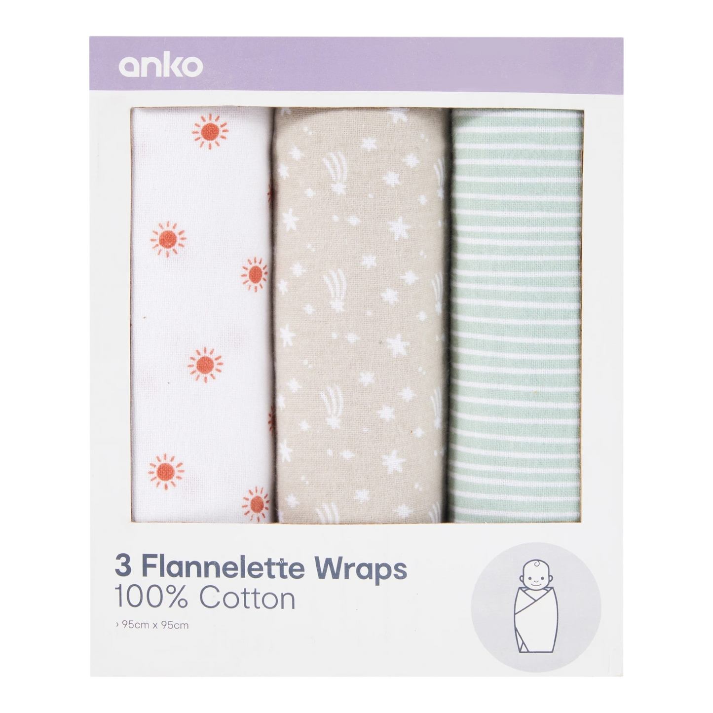 3 Pack Cotton Flannelette Wraps - Stars