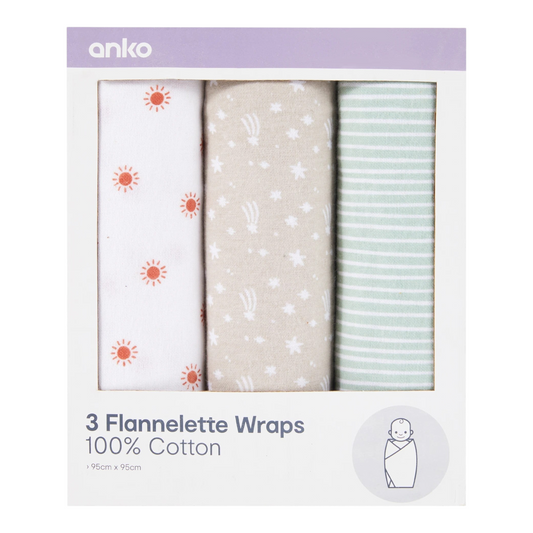 3 Pack Cotton Flannelette Wraps - Stars