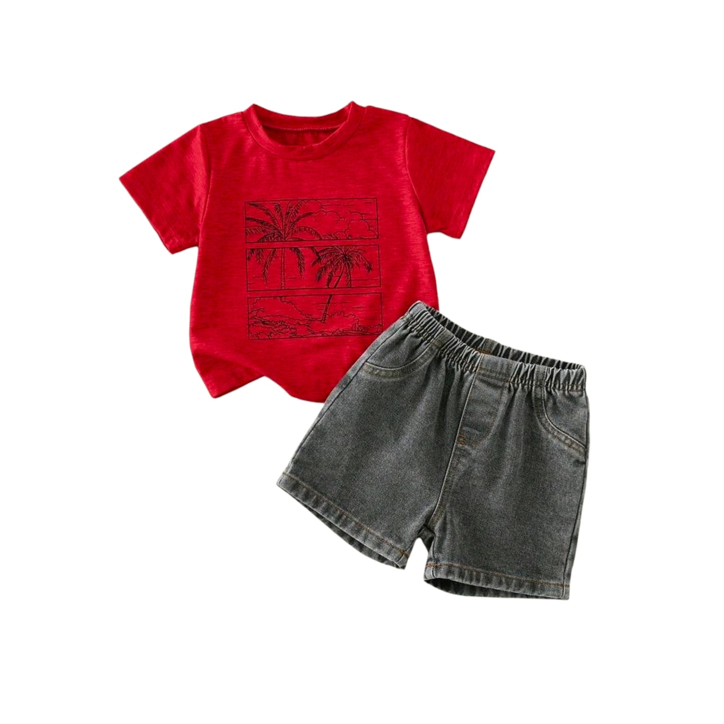 2pcs/Set Baby Boy Summer Casual Beach Vacation Green Pattern T-Shirt And Black Denim Shorts Set