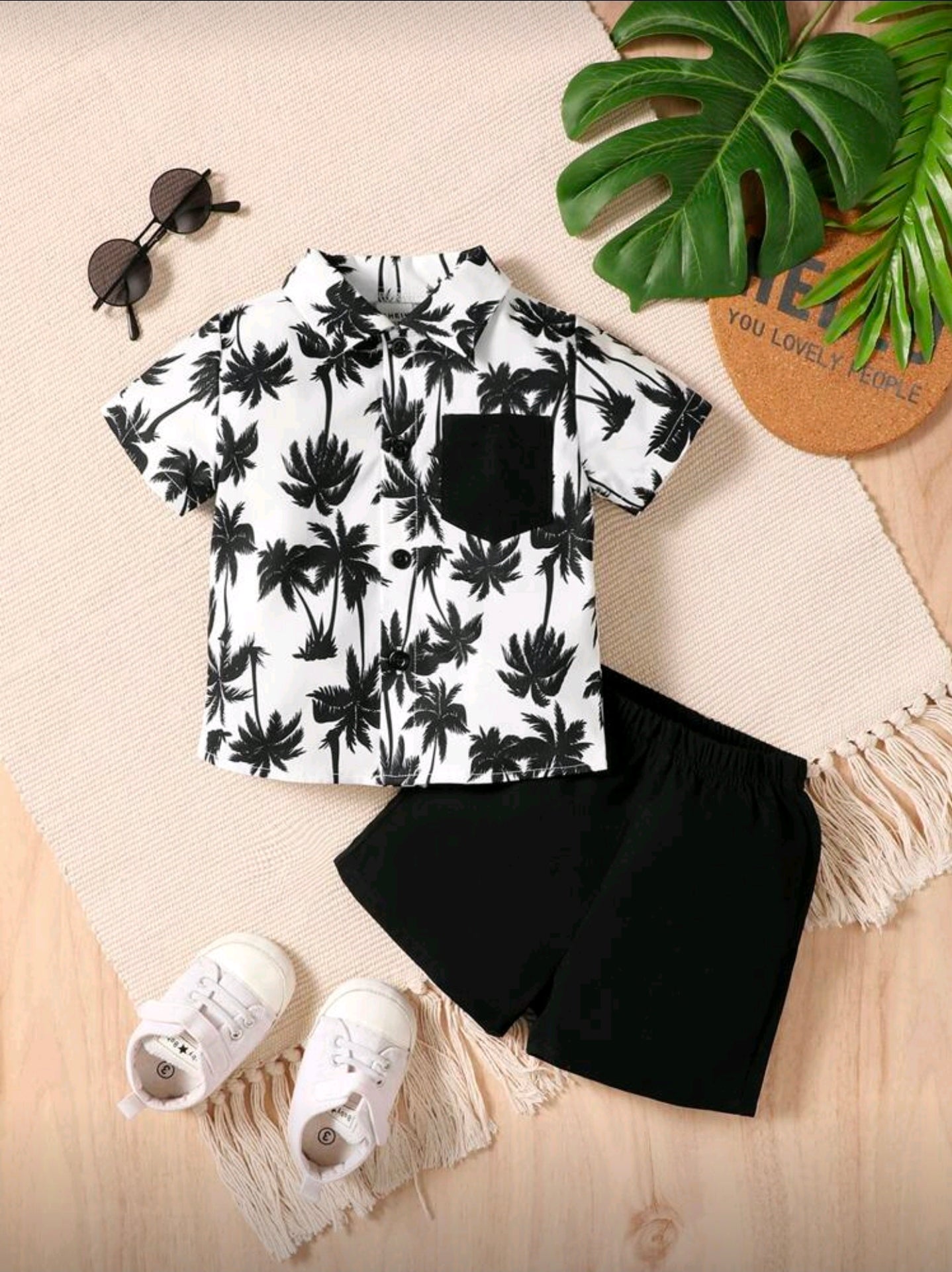 Baby Boy Summer Holiday Coconut Tree Printed Shirt And Solid Color Shorts Set -(size 6-9M)
