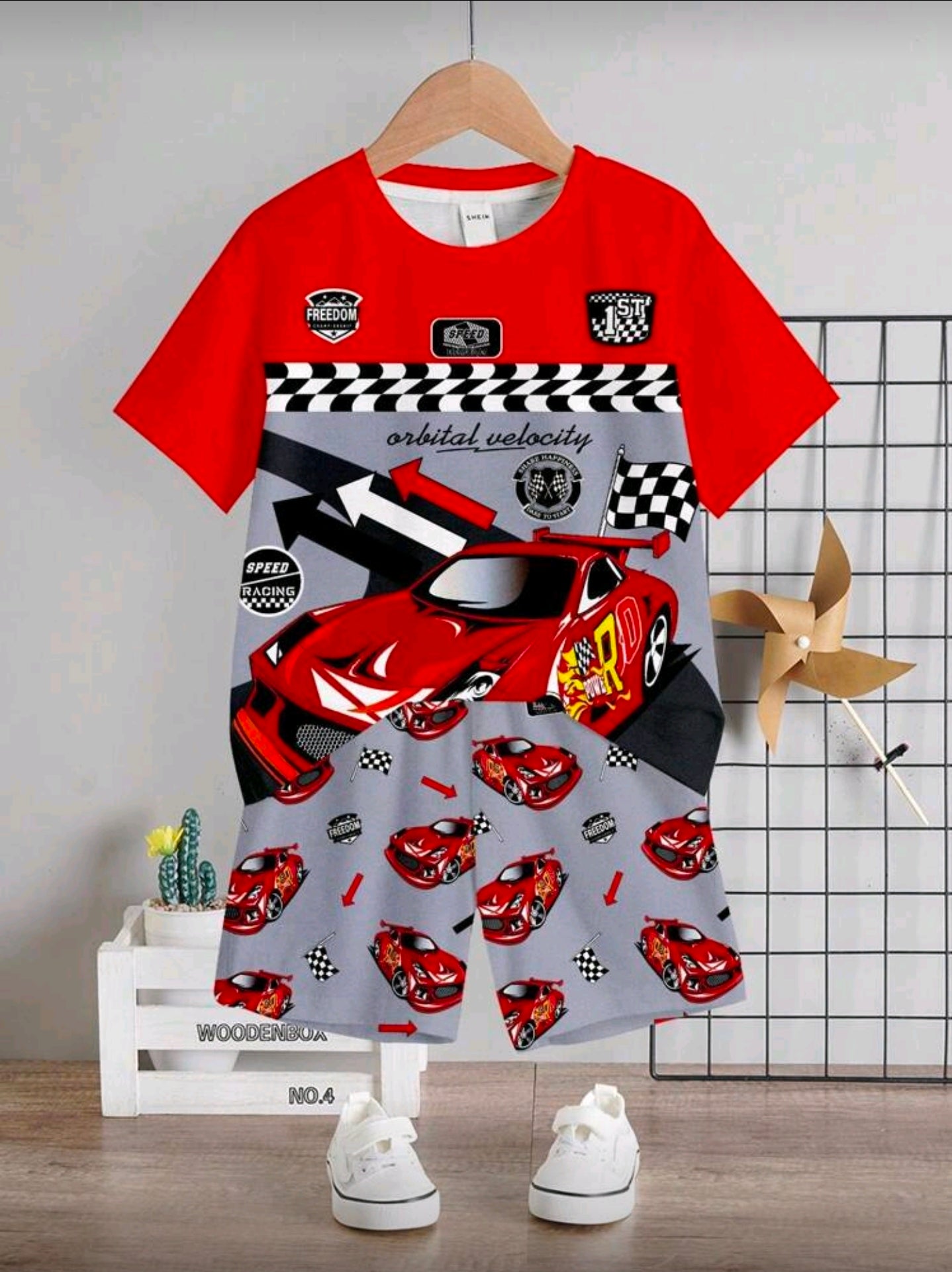 SHEIN 2pcs/Set Baby Boy Casual Stylish Cool Racing Culture Print Round Neck Short Sleeve T-Shirt And Shorts Suit, Summer