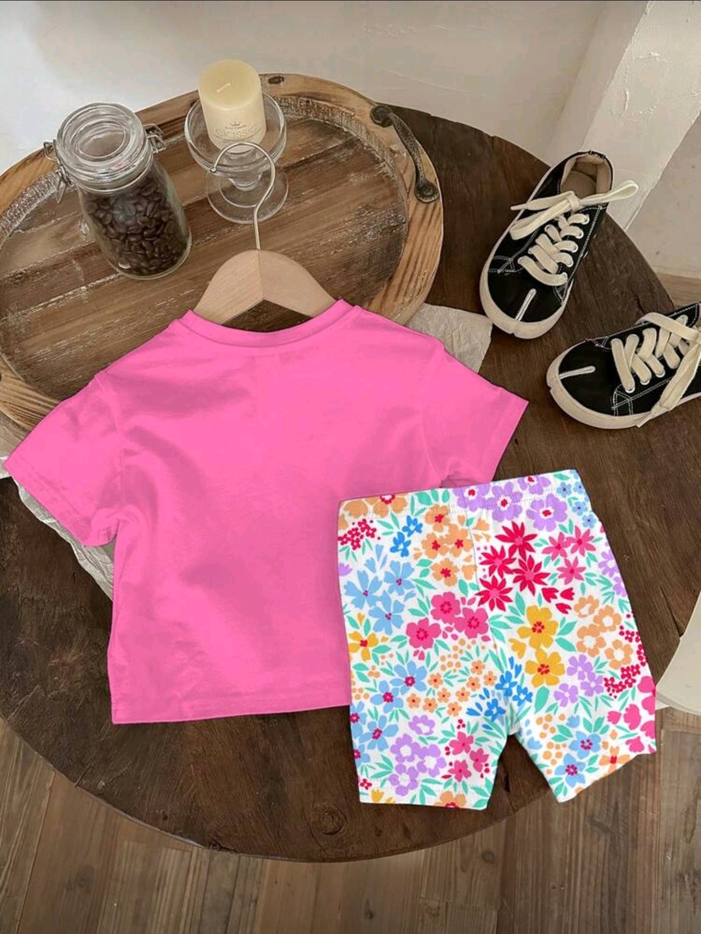 SHEIN Baby Girl Casual Cute Sweet Bow Decor, Ditsy Floral, Crew Neck Short Sleeve T-Shirt And Leggings Set