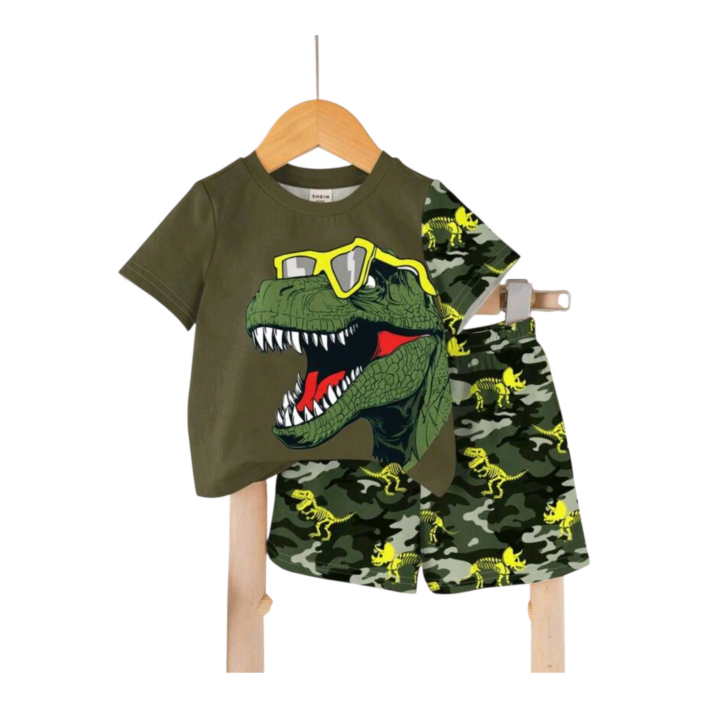 SHEIN 2pcs/Set Baby Boy Casual Minimalist Cartoon Dinosaur Pattern Round Neck Short Sleeve Shorts Outfit, Suitable For Summer -(size 6-9M)