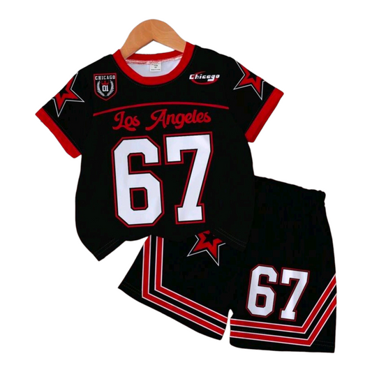 1 Set Infant/Toddler Boys "Los Angeles 67" Print Short Sleeve T-Shirt And Shorts Set, Sporty Black & Red, Everyday Casual Outfit, Spring/Summer