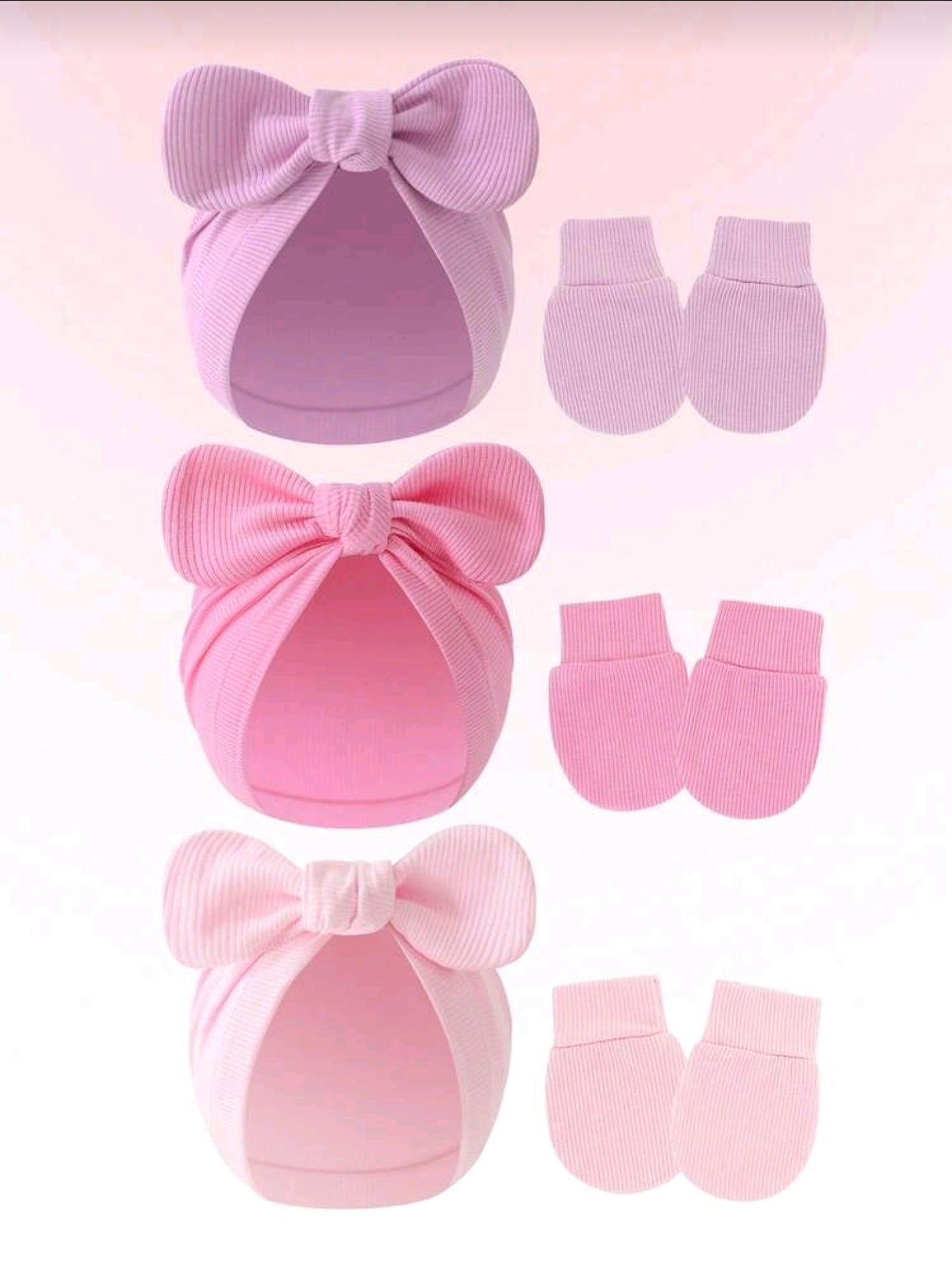 3 Sets Pink Newborn Hat, Baby Hat And Anti-Scratch Mittens Set For 0-3 Months Newborn Baby Girls, Breathable Soft Essentials Bonnet Infant Beanie Caps And Gloves For Everyday Wear