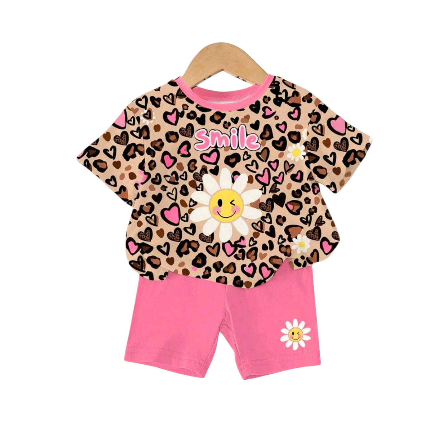 SHEIN Baby Girls' Smile Heart Leopard Print Daisy Graphic Round Neck Short Sleeve T-Shirt And Rose Red Knit Skinny Shorts Set