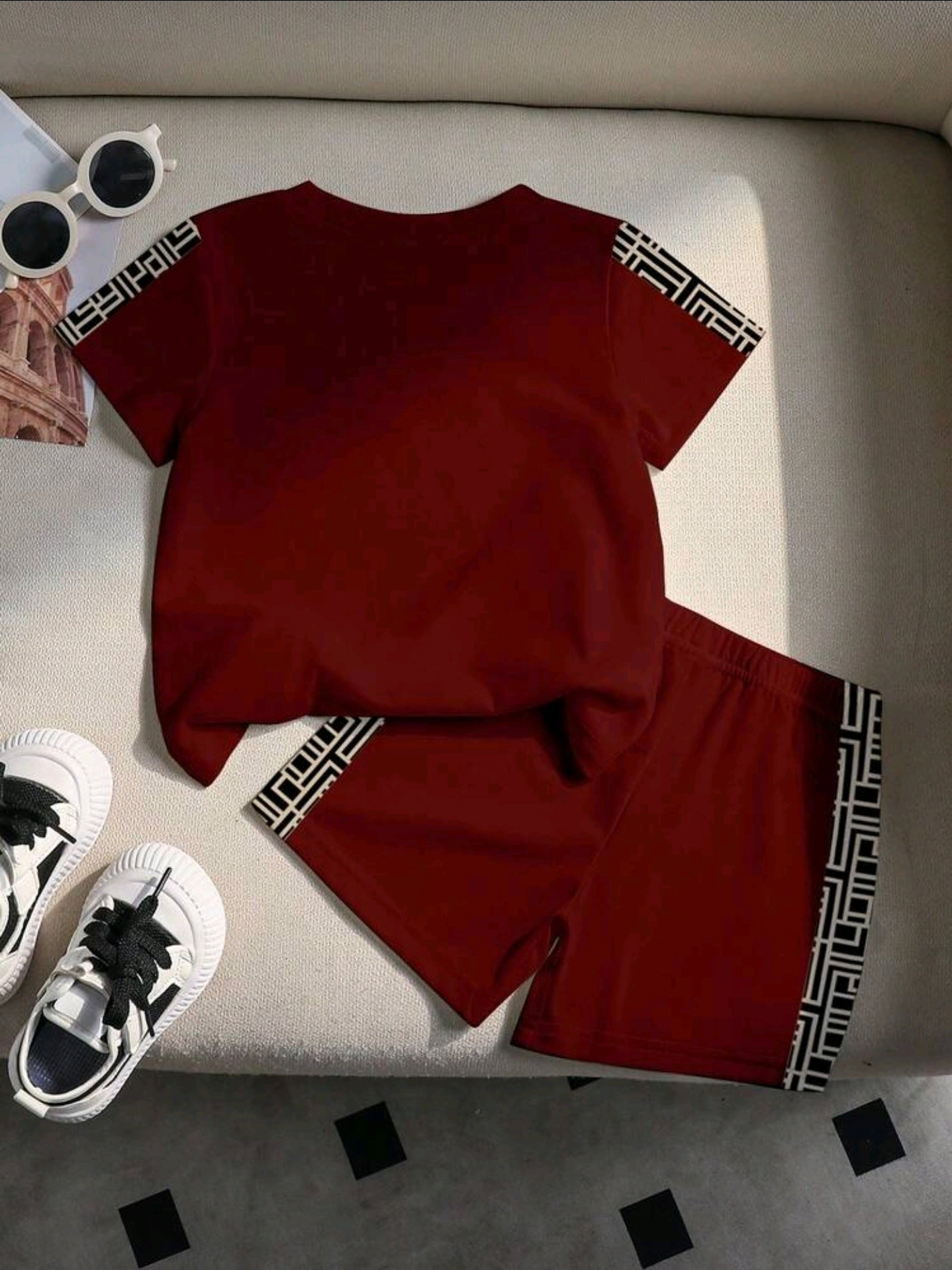 SHEIN Playful Pals 1 Set Baby Boys Casual Fashion Letter & Geometric Plaid Print Round Neck Short Sleeve T-Shirt And Shorts Soft Knit Outfit