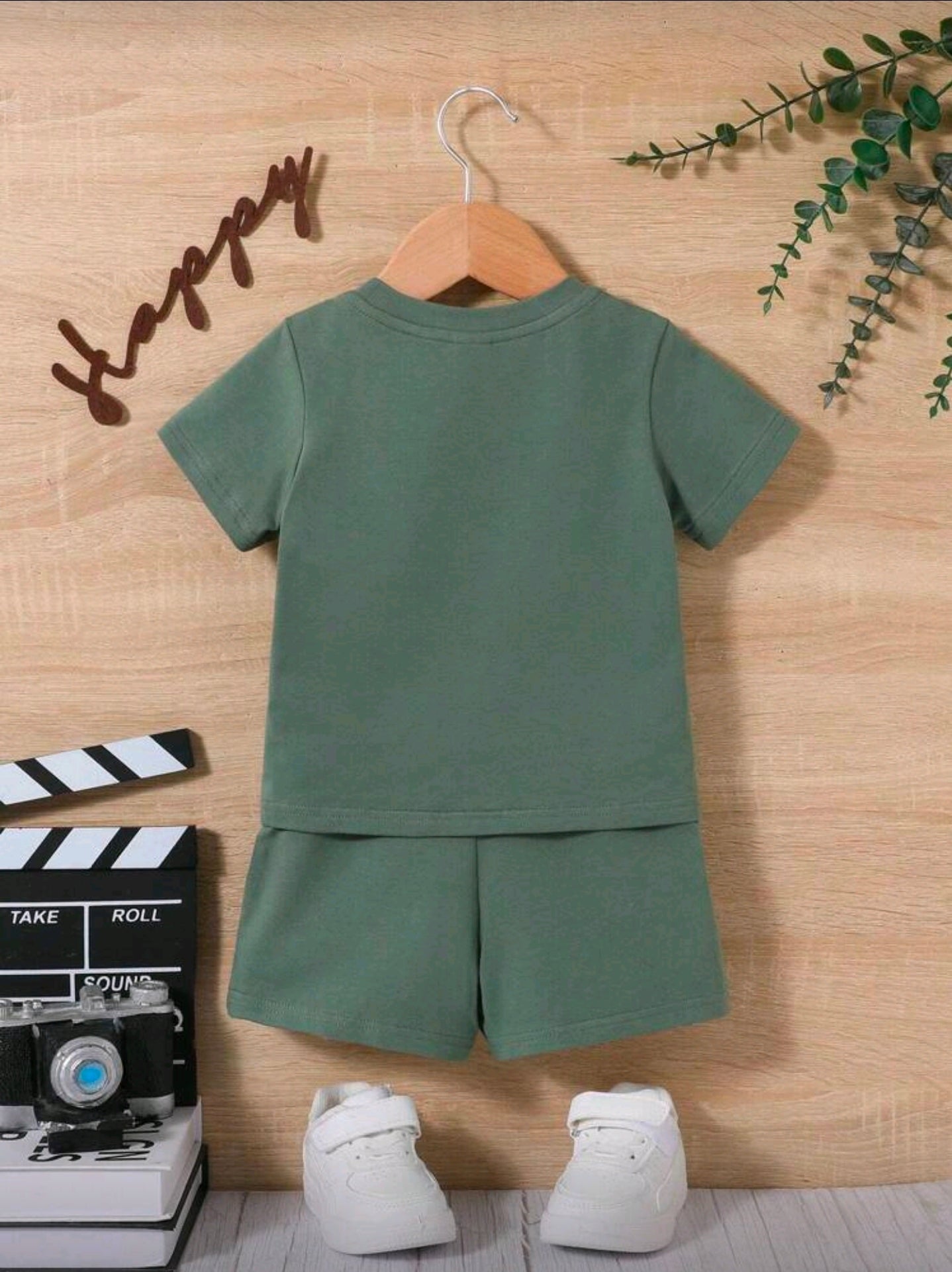 Baby Boy Letter Embossed Round Neck Short Sleeve T-Shirt & Casual Shorts Set With Check Pattern Decoration