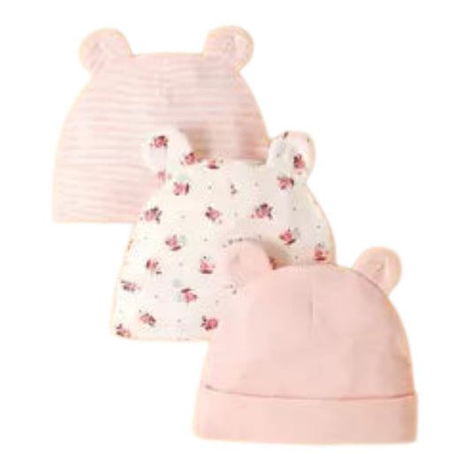 momscare 3pcs Cute Pink Rose Pattern Hats, Soft & Comfortable Bear Ear Caps, Suitable For Newborns And Infants - Adorable Baby Hats, Also Make Great Fontanel Gifts For Baby Girls