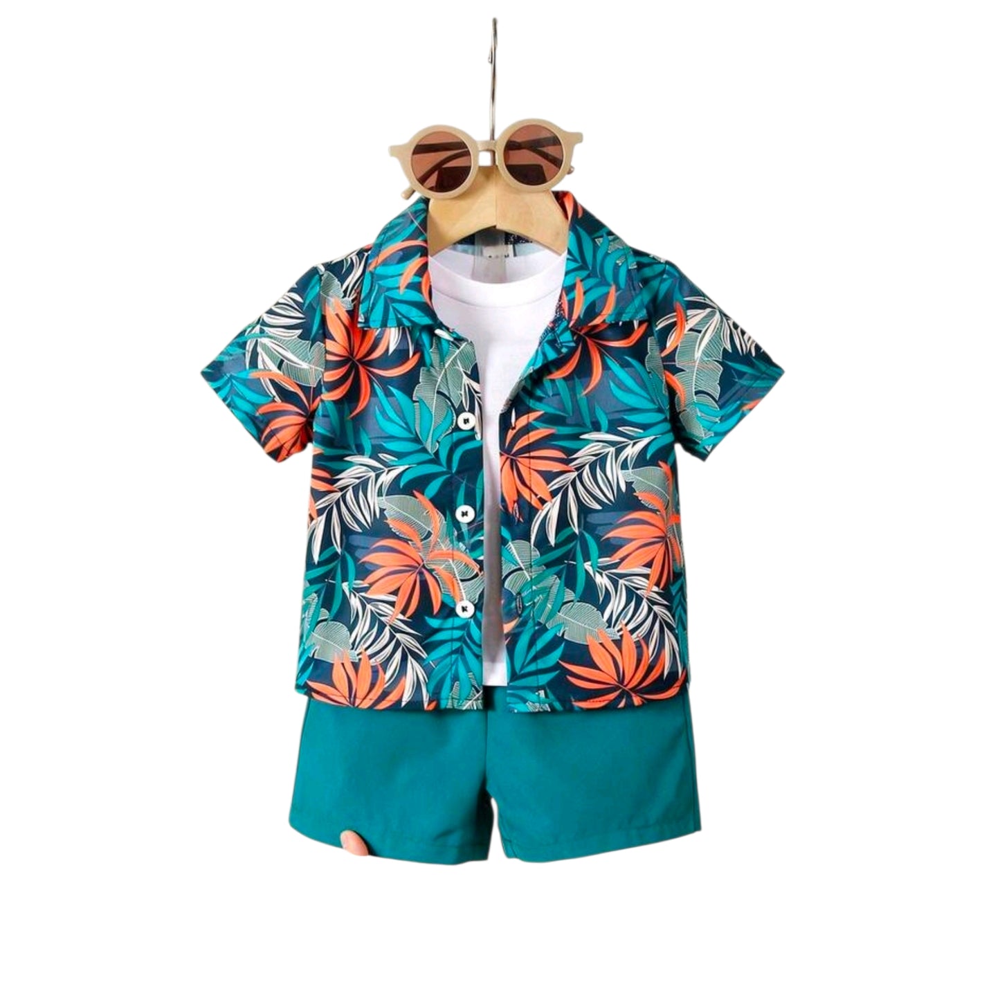 SHEIN Playful Pals 2pcs Infant Toddler Baby Boy Navy Blue Summer Boho Tropical Plant Print Short Sleeve Shirt And Shorts Set Vacation Holiday Hawaiian Outfit 24 Months